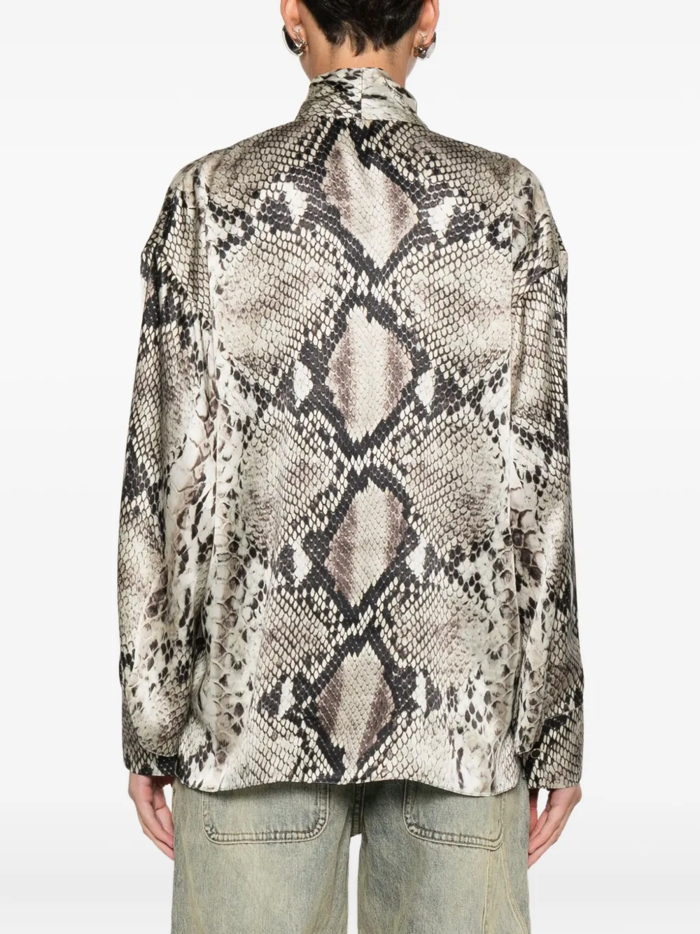Roberto Cavalli Blouse met slangenhuidprint en gestrikte hals Beige