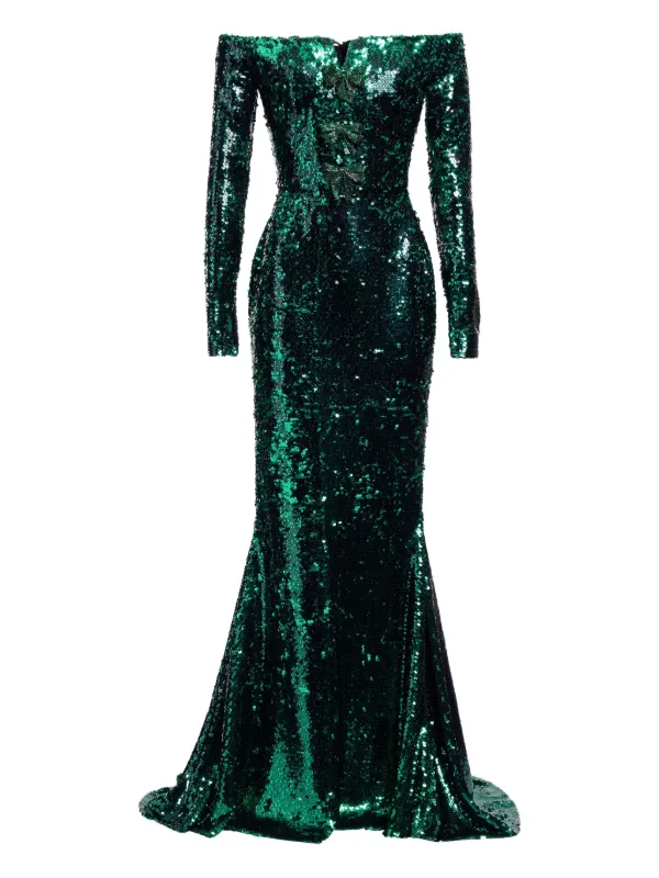 Elie Saab Embellished off-the-shoulder Maxi Dress | Green | FARFETCH Elie Saab Embellished off-the-shoulder Maxi Dress | Green | FARFETCH