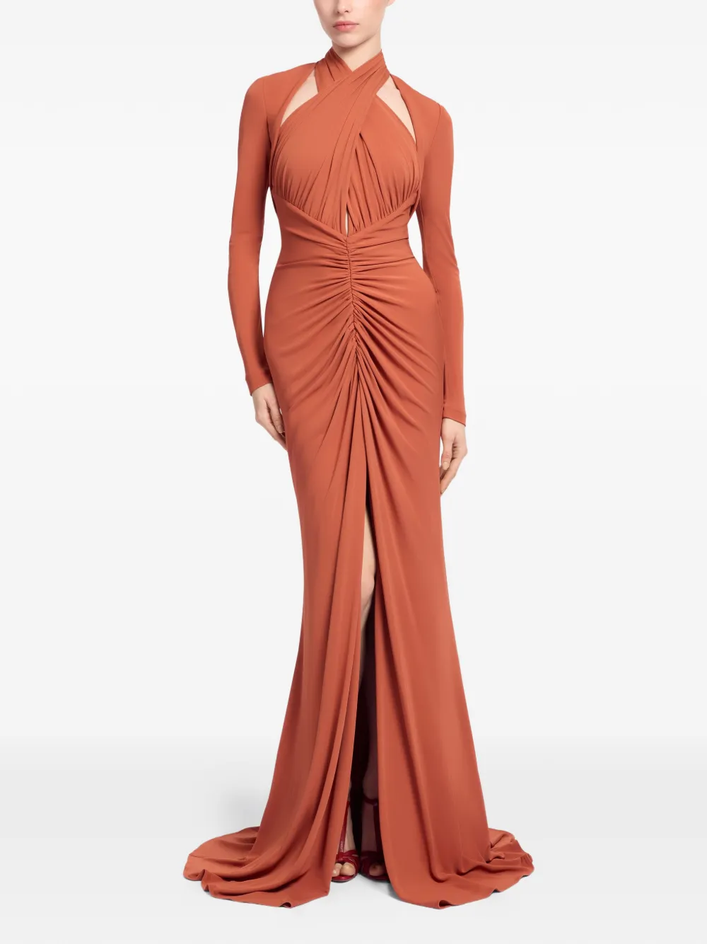 Elie Saab Maxi-jurk met lange mouwen en gekruiste design Oranje
