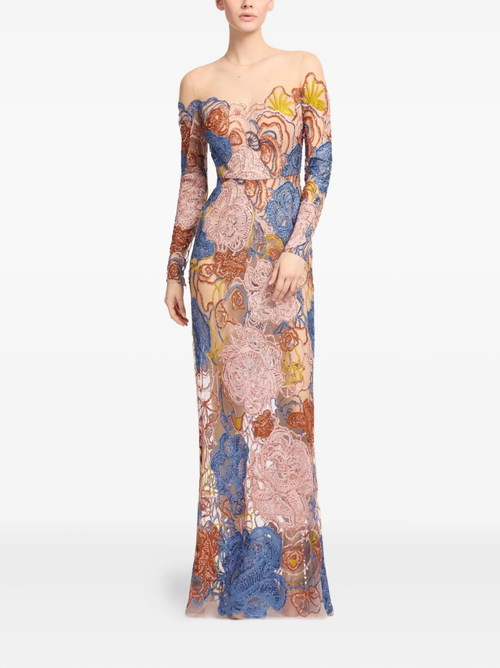 Elie Saab floral-embroidered sequin maxi dress - ブルー Elie Saab floral-embroidered sequin maxi dress - ブルー