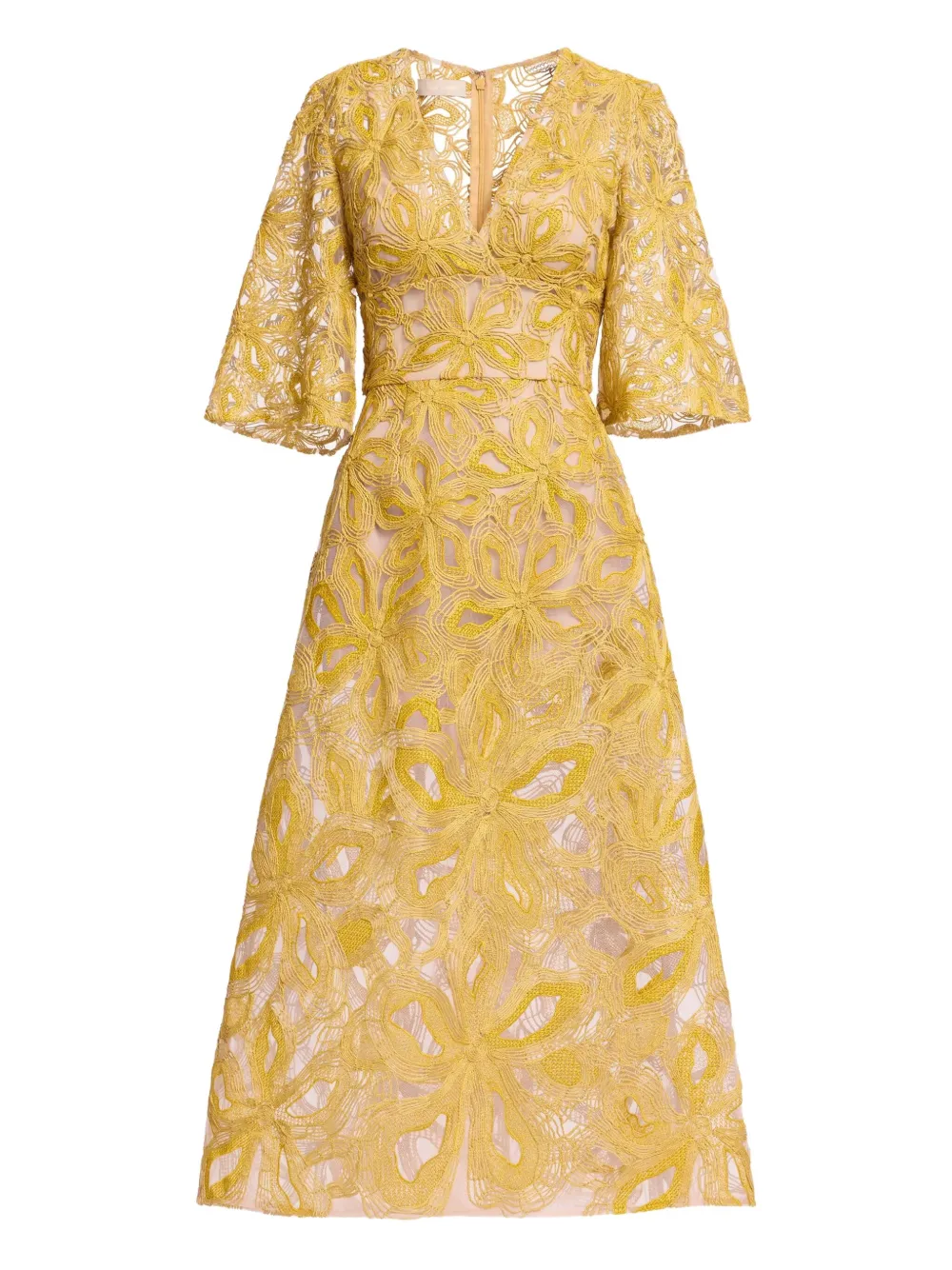 Elie Saab Floral-embroidered Midi Dress In Yellow