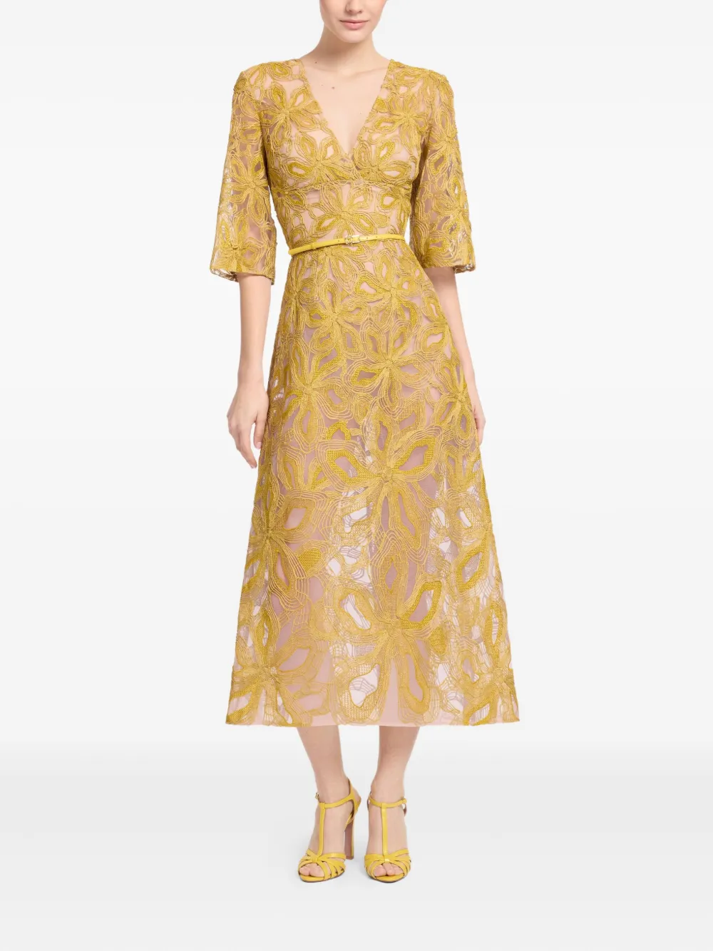 Elie Saab floral-embroidered midi dress - Geel