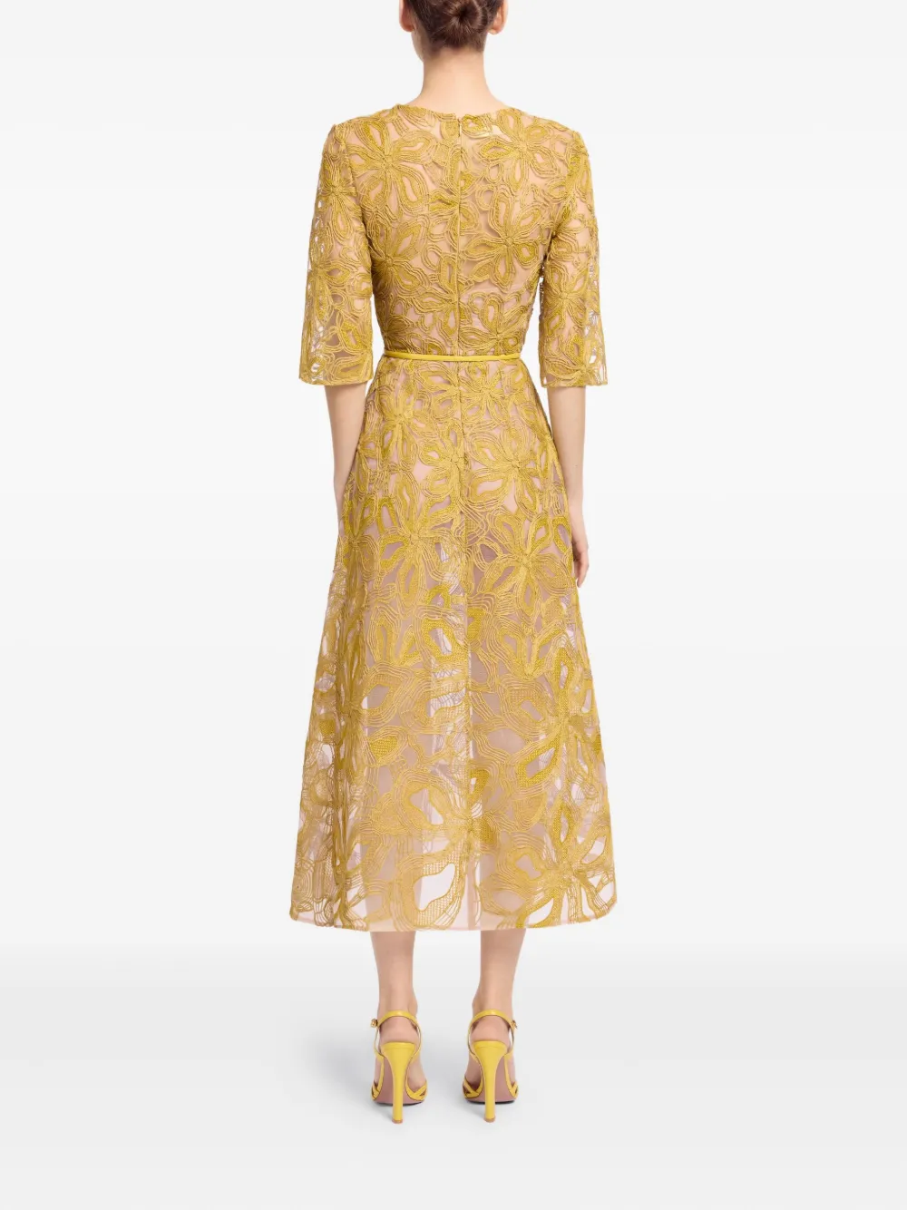 Elie Saab Floral-embroidered Midi Dress In Yellow