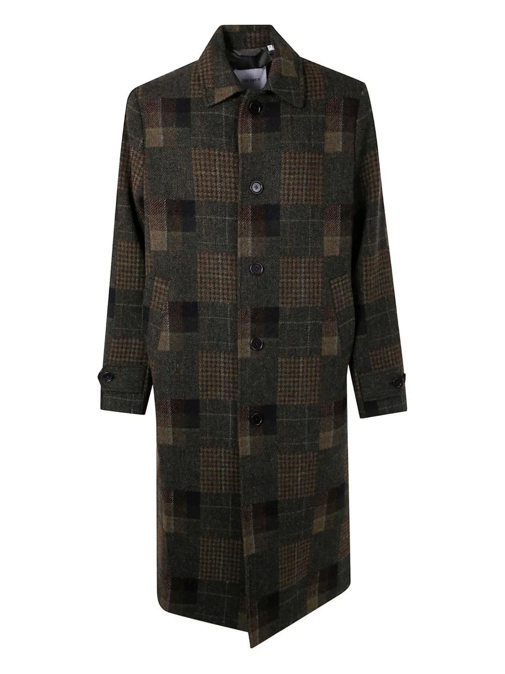 Les Deux Long Checkered Wool Coat With Notched Lapel In Multi