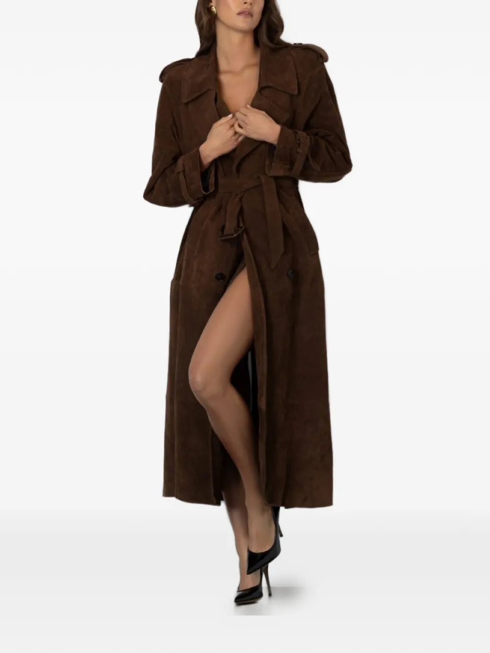 Susana Chow Madison Suede Trench Coat In Brown