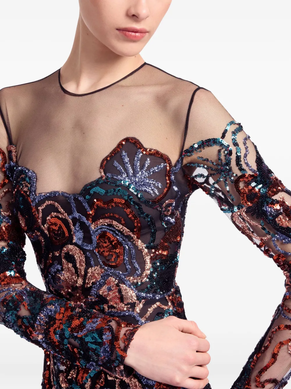 Elie Saab Floral-embroidered Sequin Maxi Dress In Brown