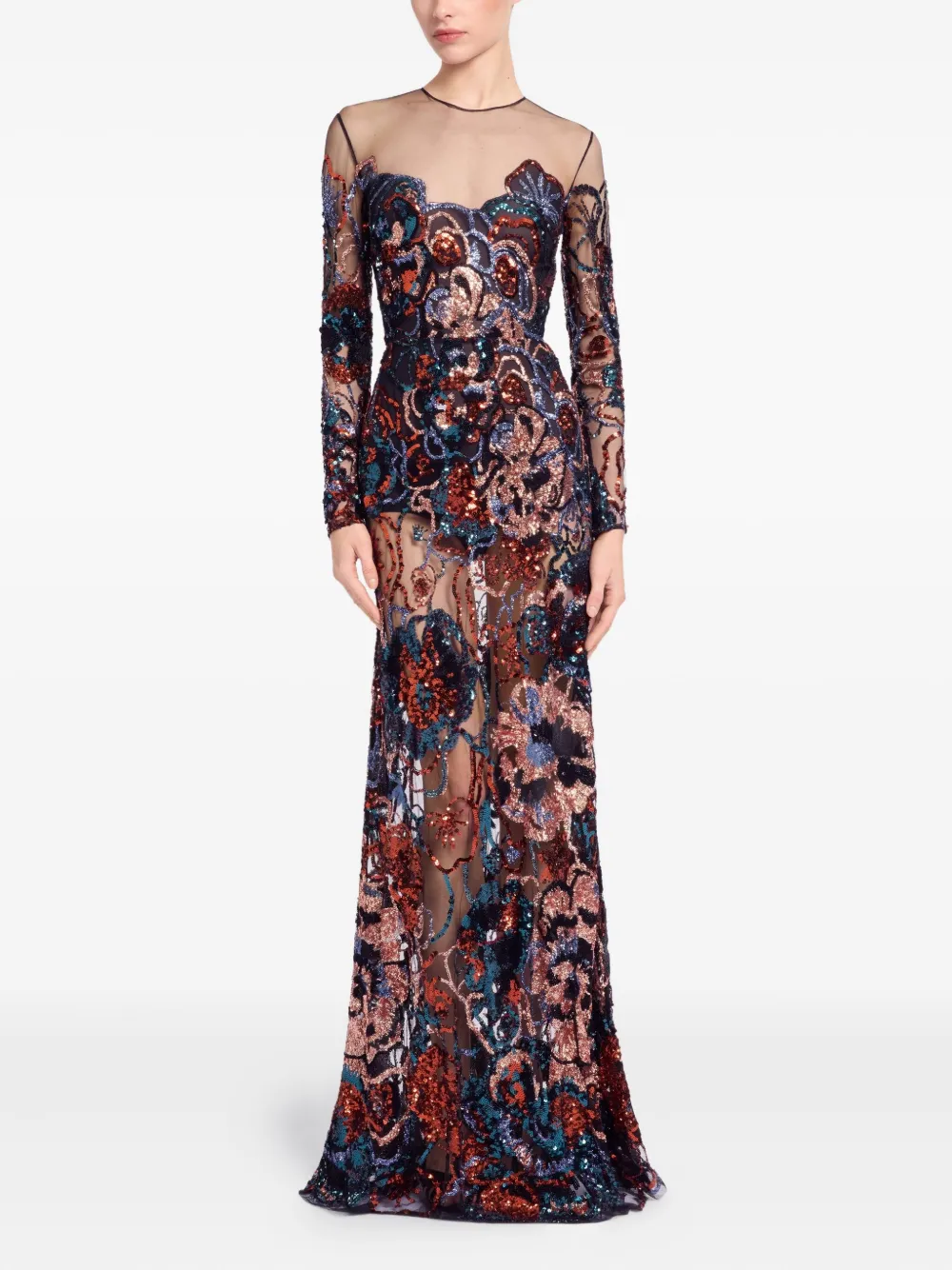 Elie Saab Floral-embroidered Sequin Maxi Dress In Brown