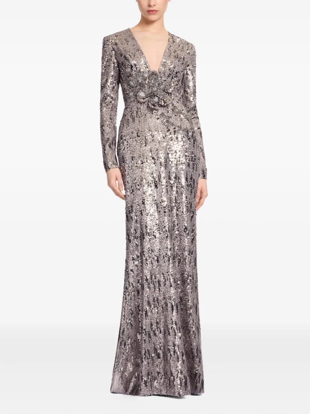 Elie Saab Sequin-embellished V-neck Maxi Dress In Gray