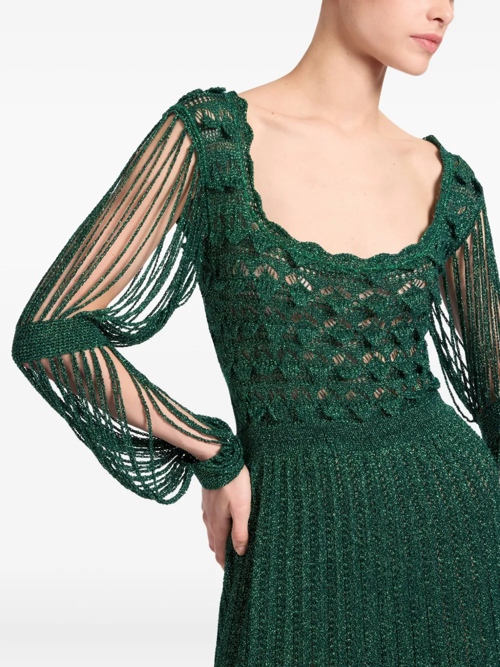 Elie Saab Crochet Fringed Maxi Dress In Green