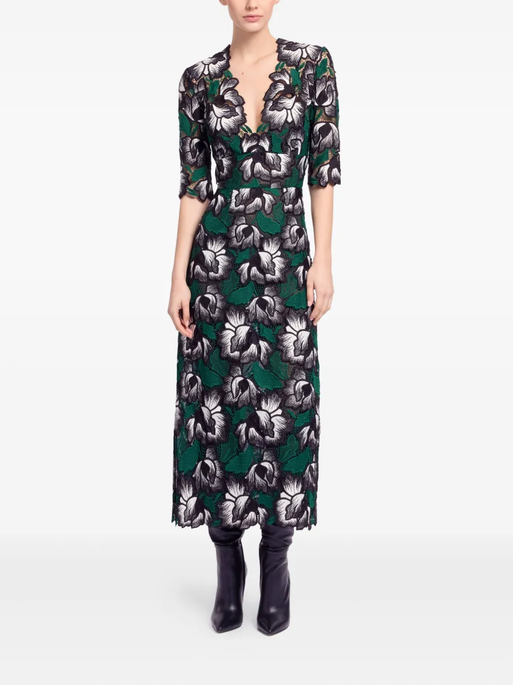 Elie Saab Macramé Floral Midi Dress In Green