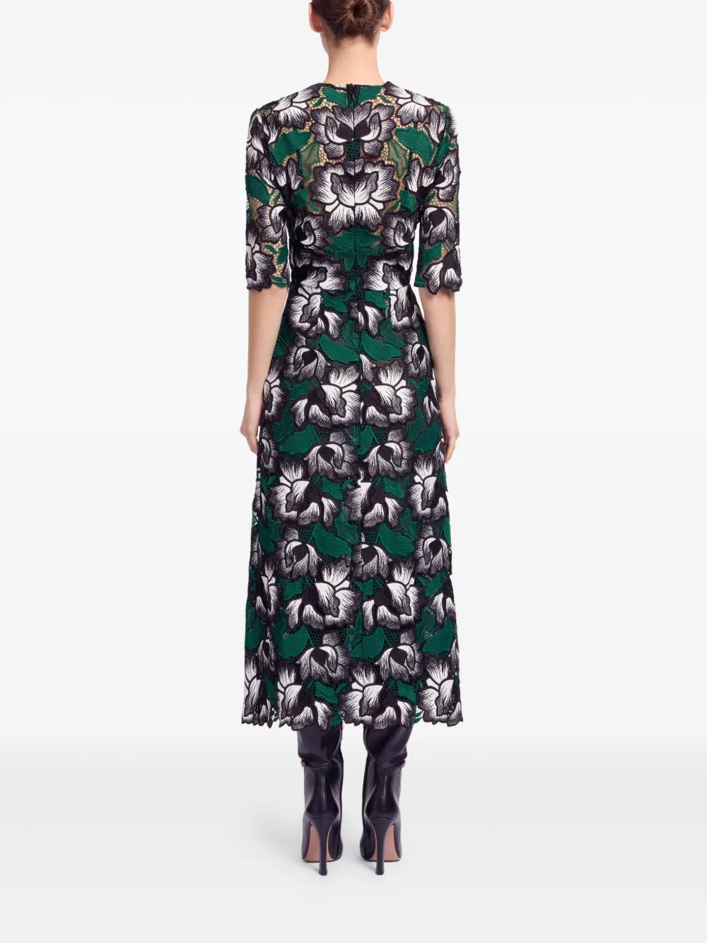 Elie Saab Macramé Floral Midi Dress In Green