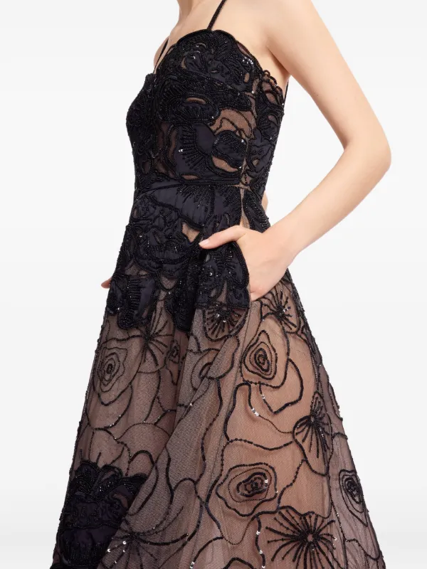 Floral Bead Embroidered Gown - Black / 44