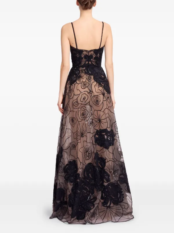 Floral Bead Embroidered Gown - Black / 44