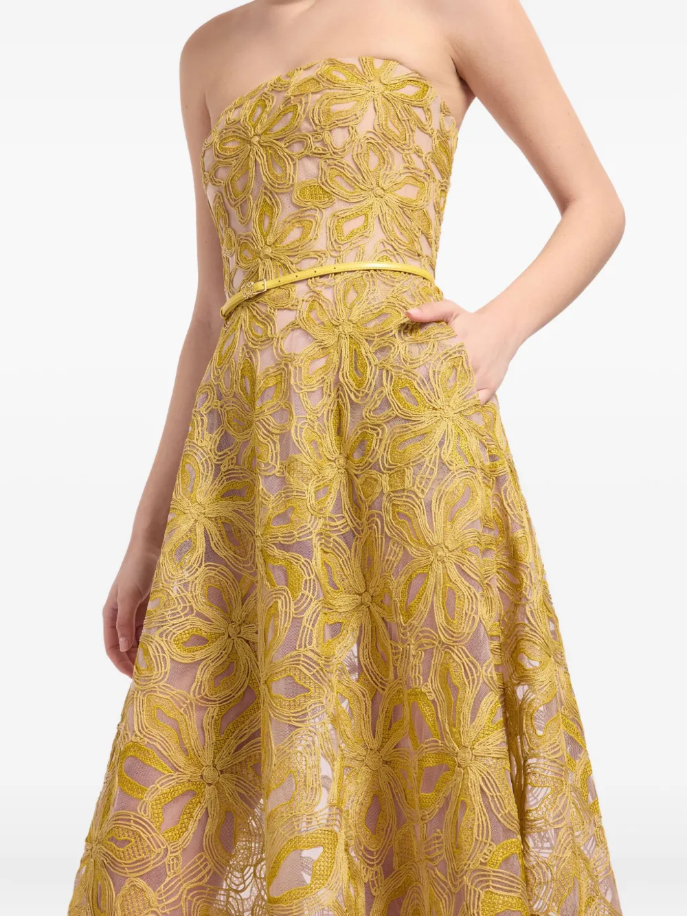 Elie Saab Strapless maxi-jurk met geborduurde bloemen Geel