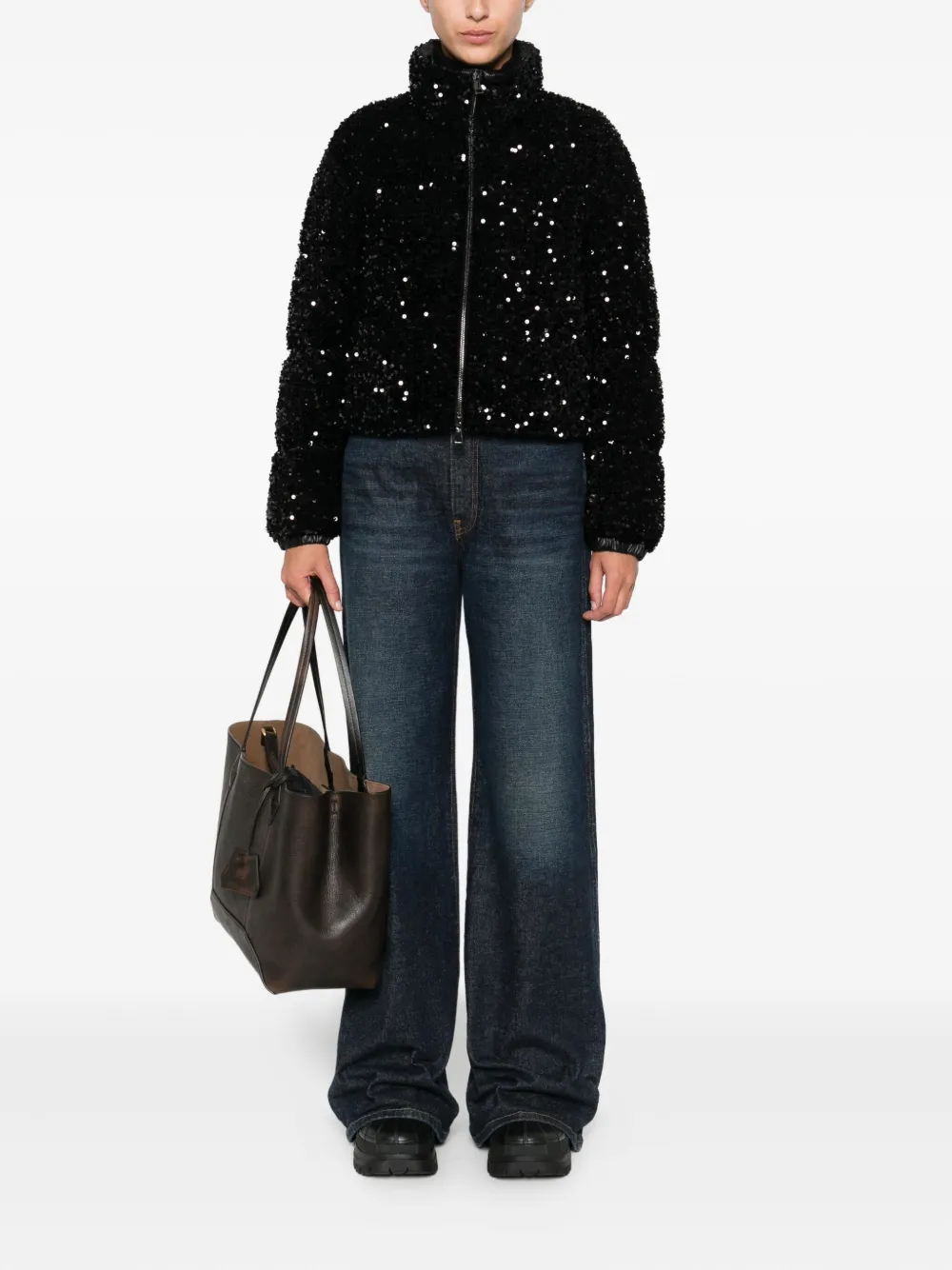 Moncler Textured Cropped Down Jacket With High Collar In Black