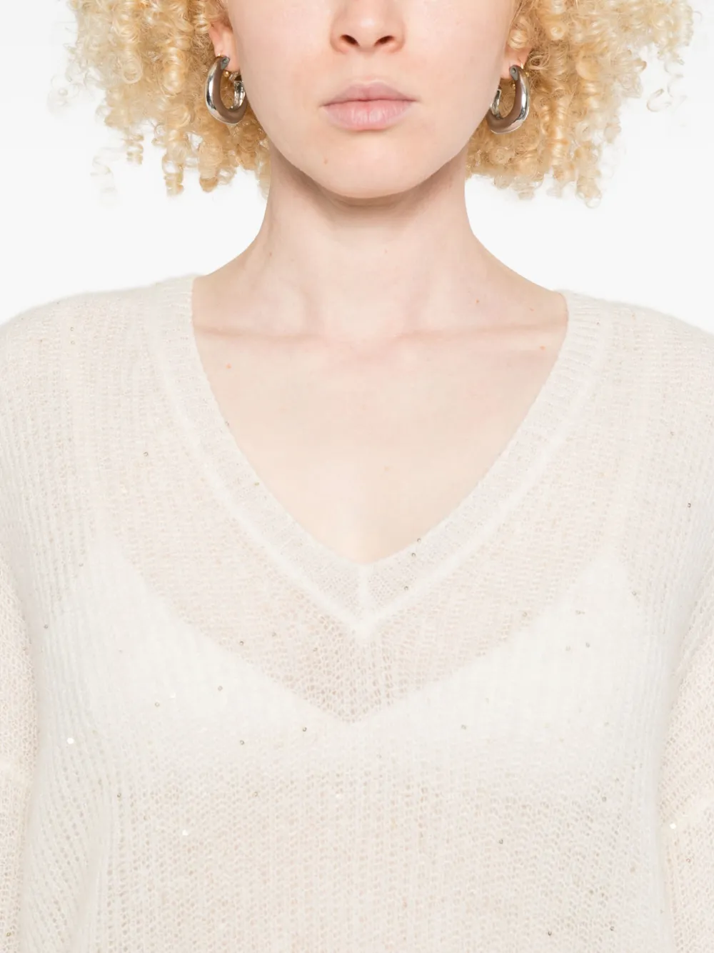 120% Lino Sequin-embellished V-neck Sweater In Neutral