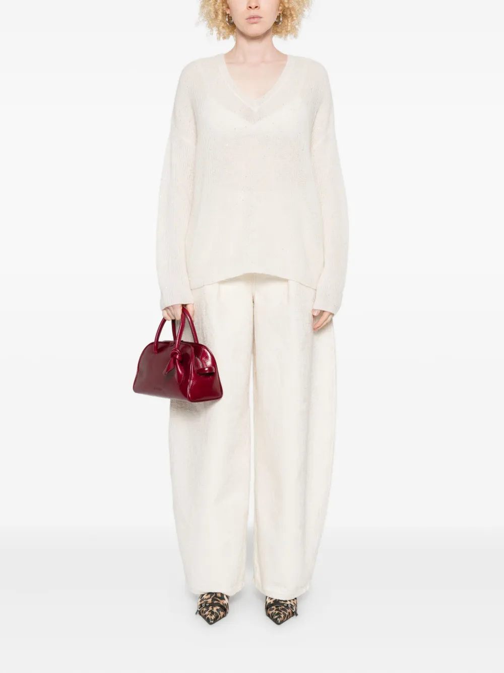 120% Lino Sequin-embellished V-neck Sweater In Neutral