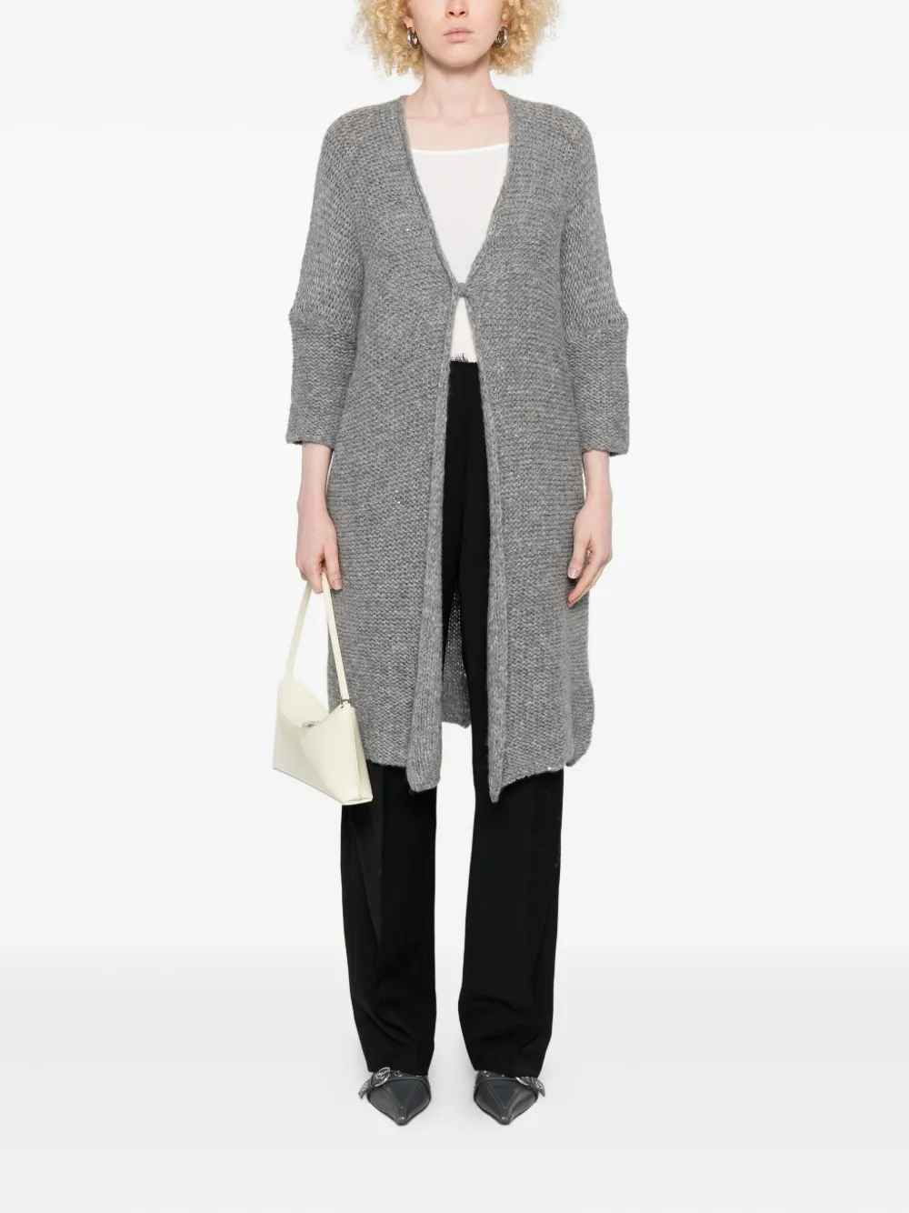 120% Lino Sequin-embellished Tie-front Cardigan In Gray