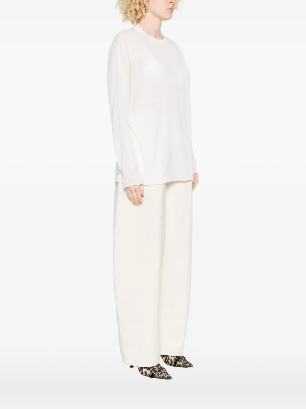 120% Lino Long-sleeve Round-neck Sweater In White