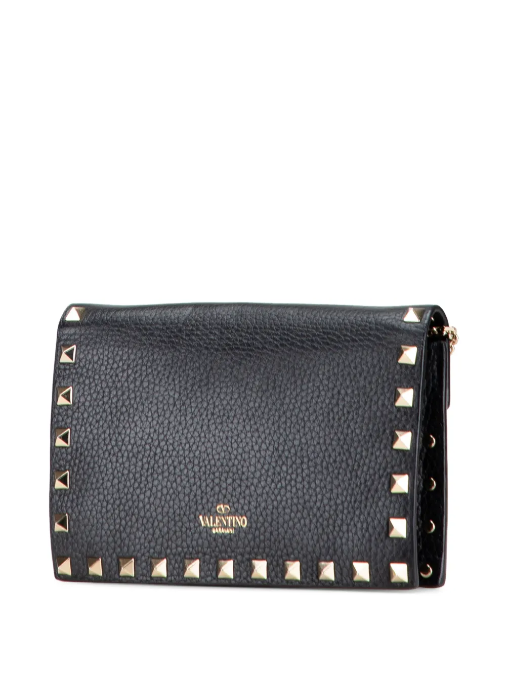 Pre-owned Valentino Garavani 2000-2007 Pebbled Calfskin Rockstud Envelope Wallet On Chain Crossbody Bag In Black