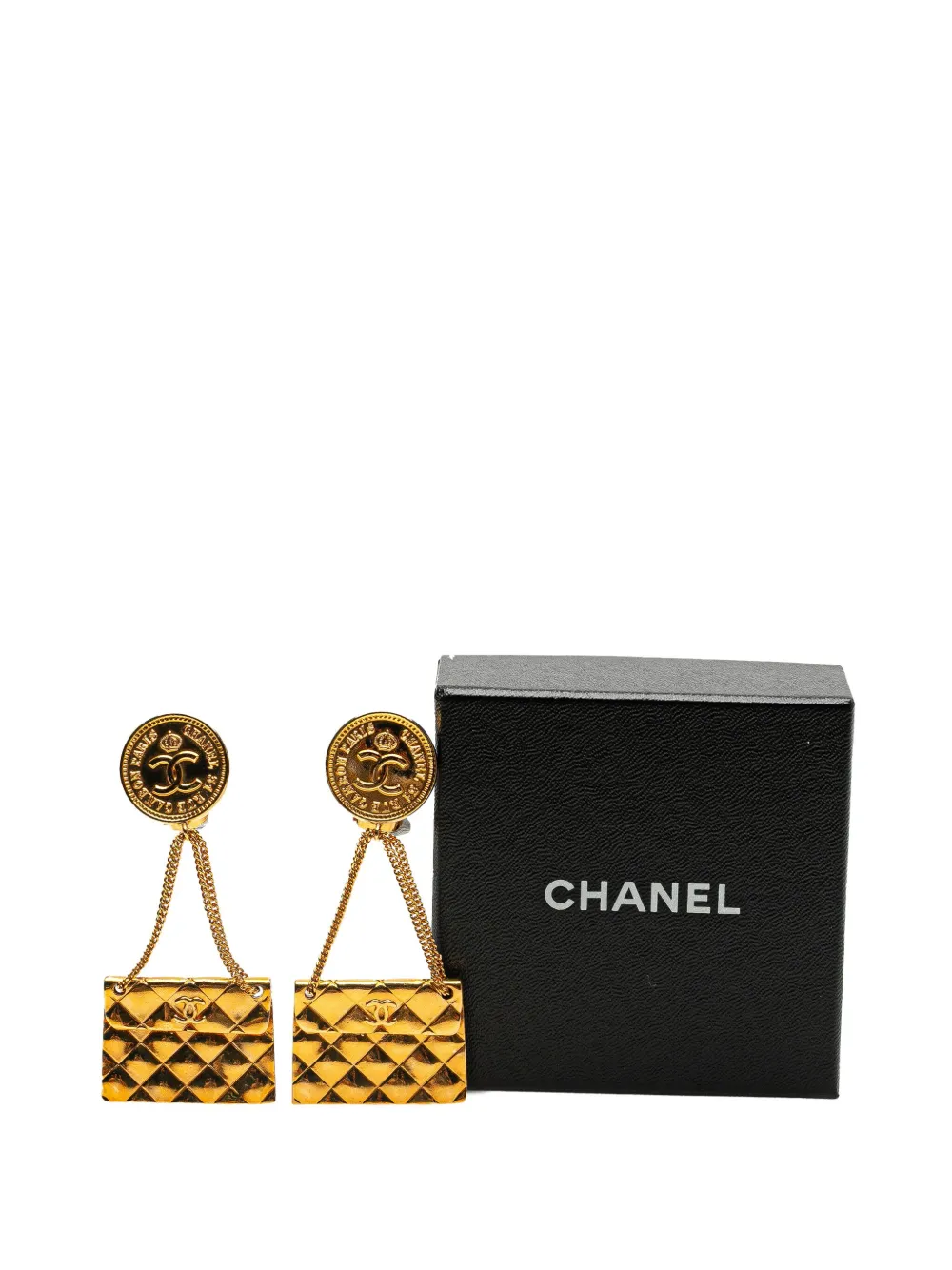 Pre-owned Chanel 1980-1990 Gold Plated Flap Bag Drop Clip On Earrings Costume Earrings