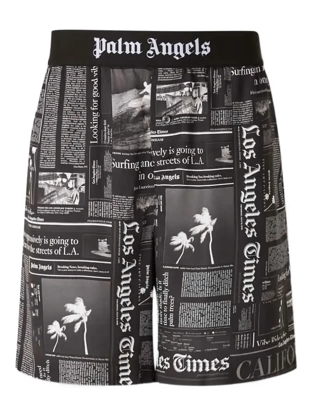 Palm Angels Newspaper-print Elastic-waist Shorts In Gray