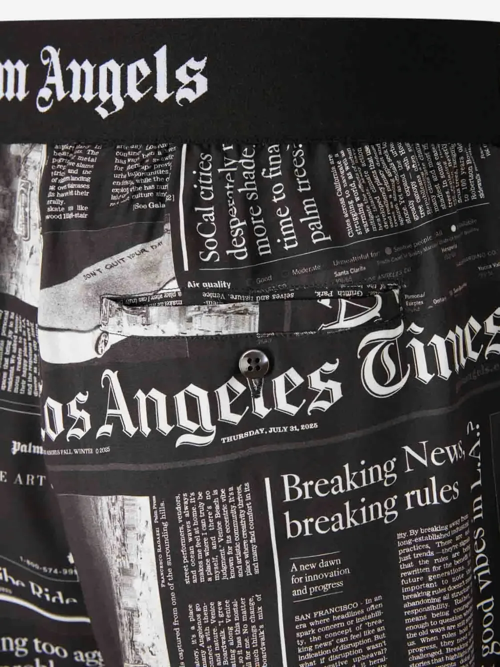 Palm Angels Newspaper-print Elastic-waist Shorts In Gray