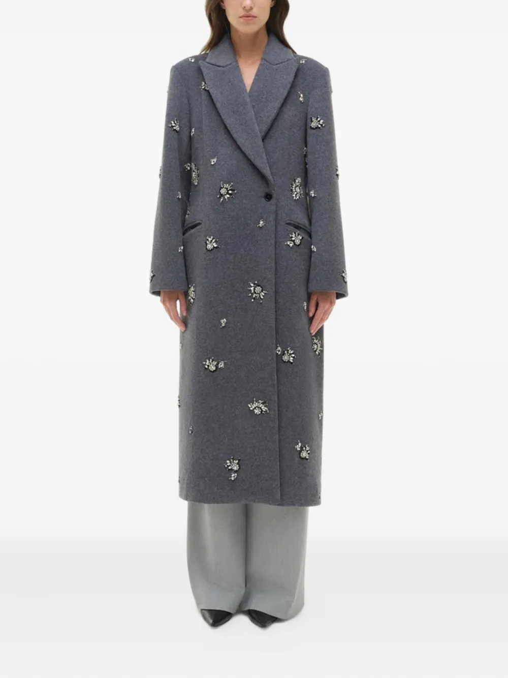 Simkhai Crystal-embellished Double-breasted Coat In Gray