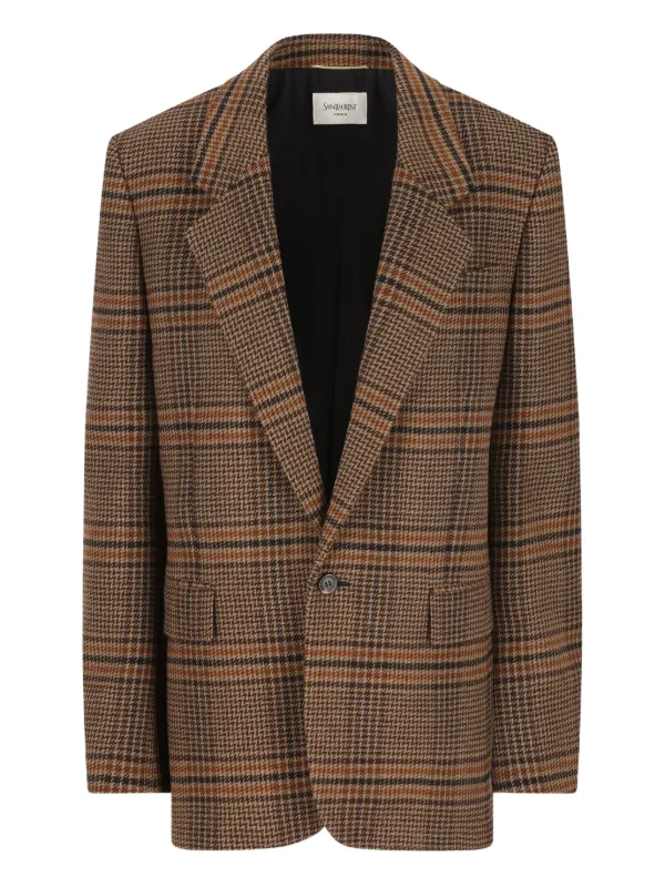 Saint Laurent Houndstooth Check Blazer in Brown