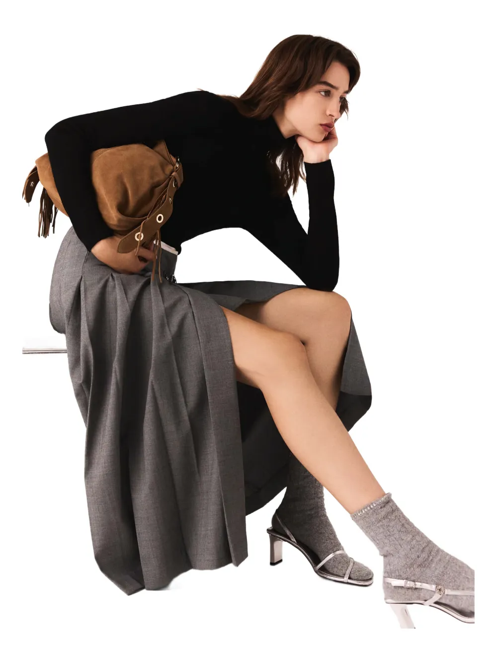 Maje pleated buckled midi skirt - Grigio