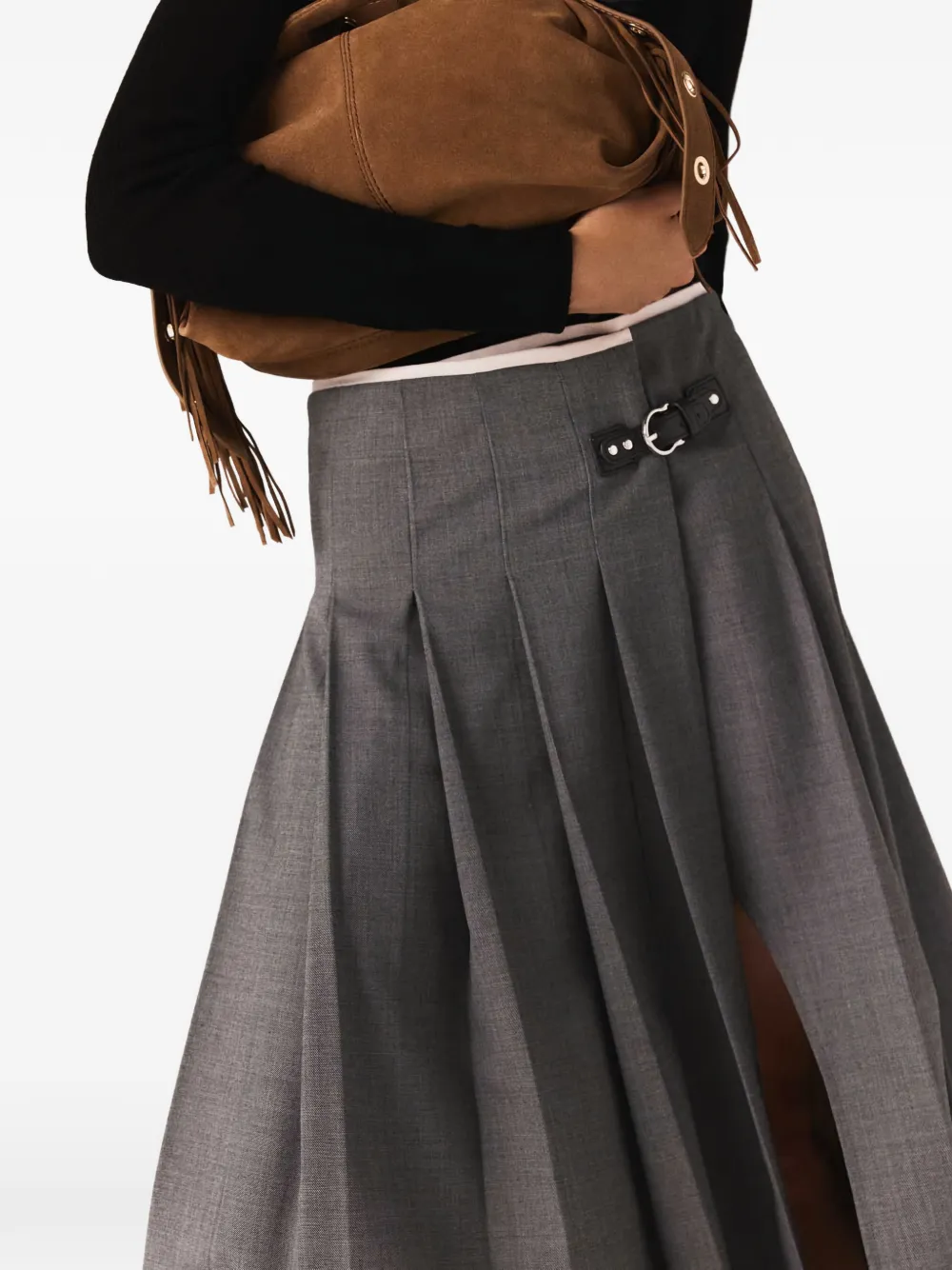 PLEATED BUCKLED MIDI SKIRT