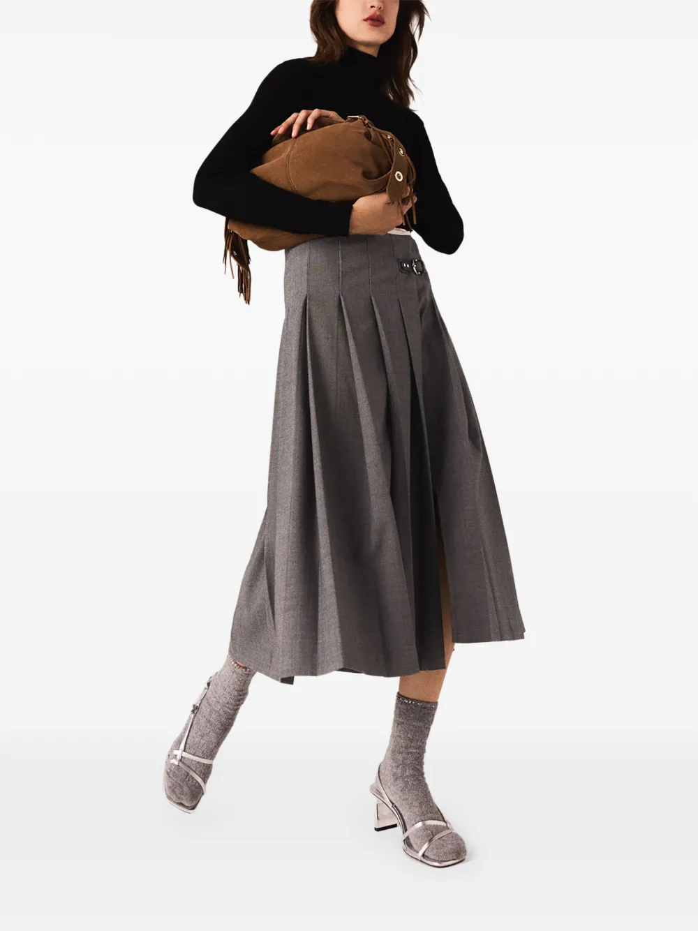  Maje Pleated Buckled Midi Skirt - Grey 
