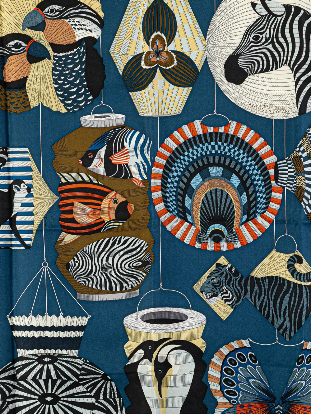 Pre-owned Hermes 20th Century Lanternes Ballons Et Cocardes Silk Scarf Scarves In Blue