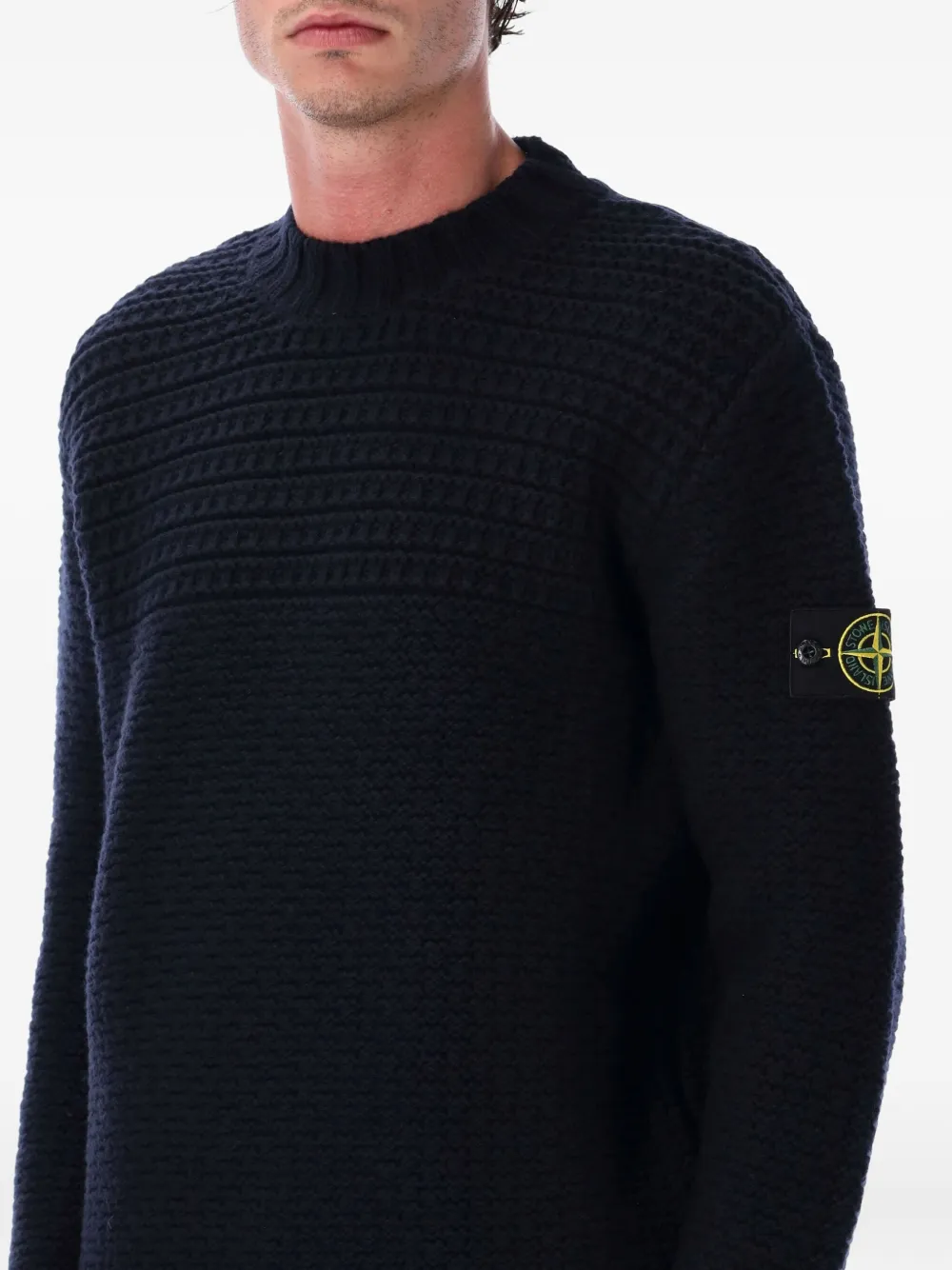 Stone Island Wool Mock Neck Jumper With Ribbed Trims In Blue