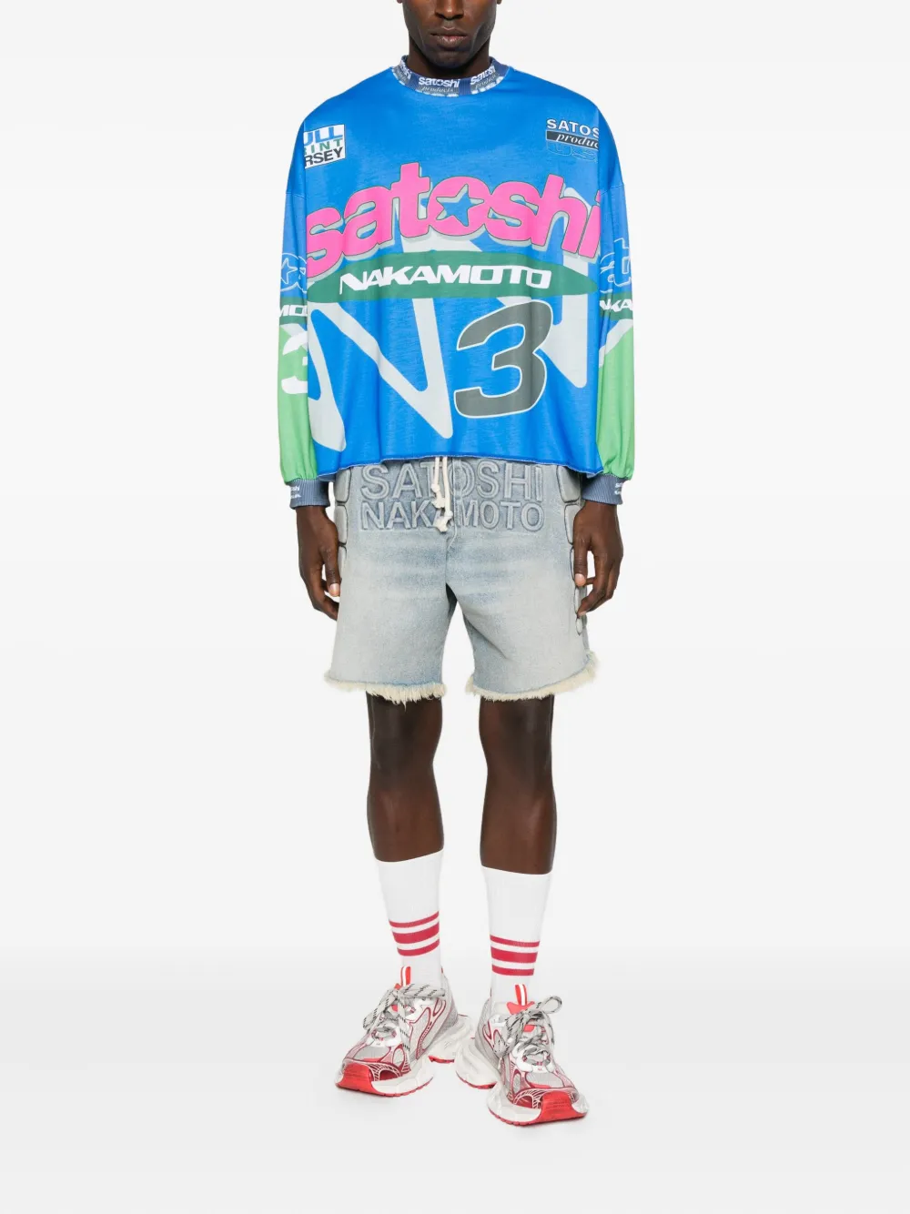 SATOSHI NAKAMOTO logo-embroidered frayed shorts | Denim Shorts | Image 2