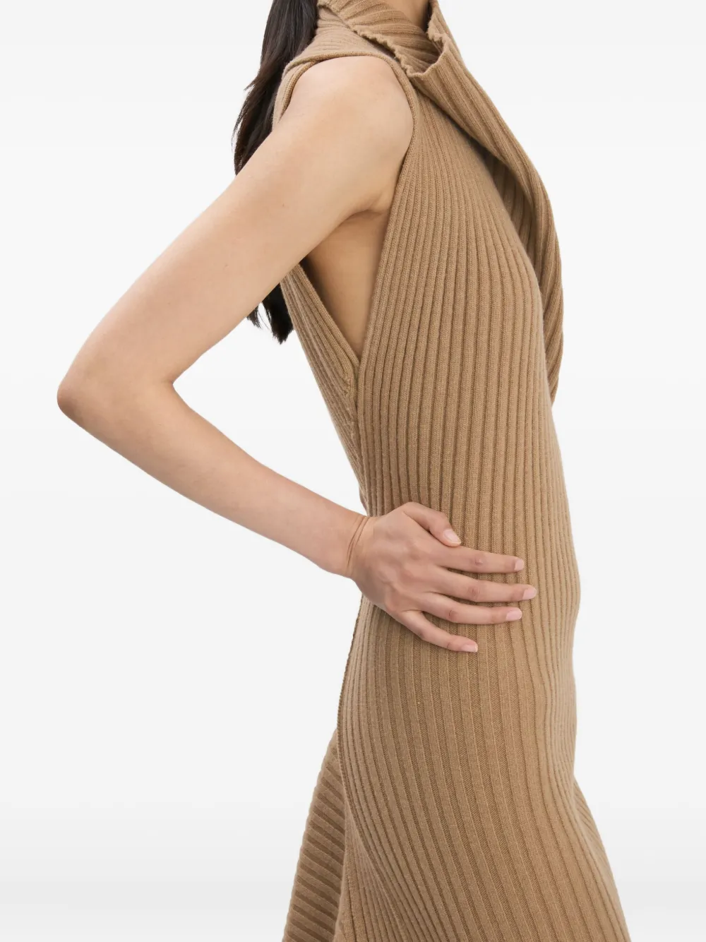 Victoria Beckham Draped Ribbed-knit Wool-blend Midi Dress In Brown
