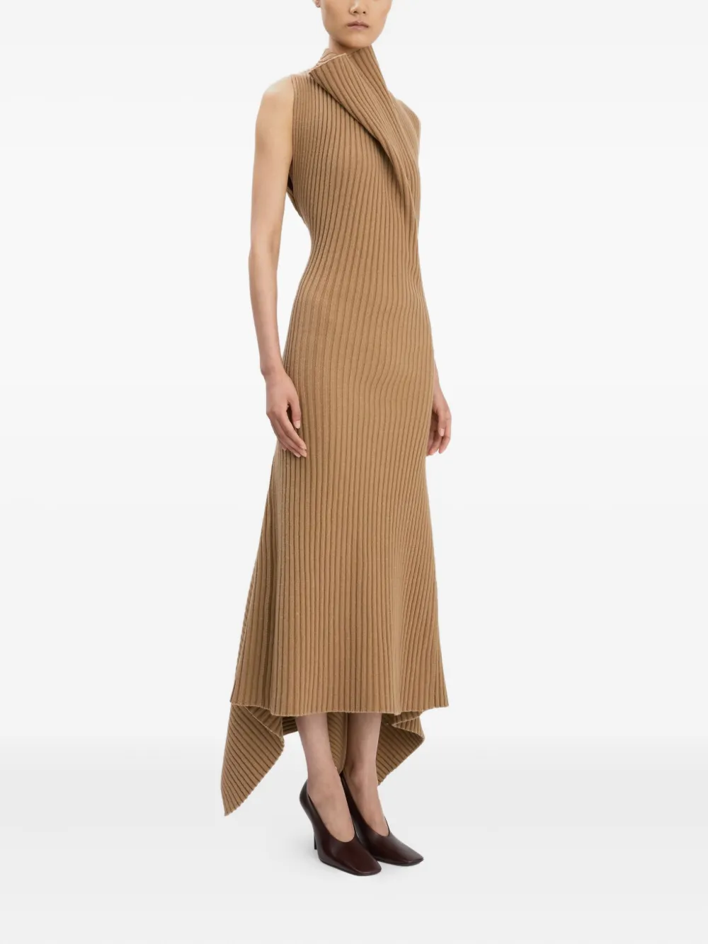 Victoria Beckham Draped Ribbed-knit Wool-blend Midi Dress In Brown