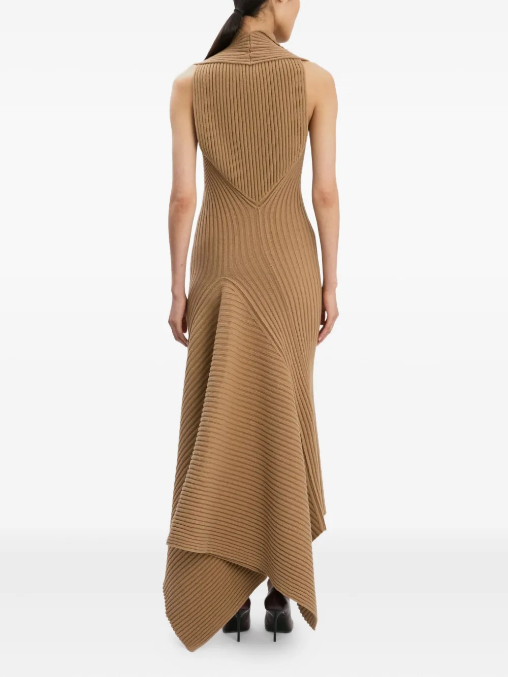 Victoria Beckham Draped Ribbed-knit Wool-blend Midi Dress In Brown