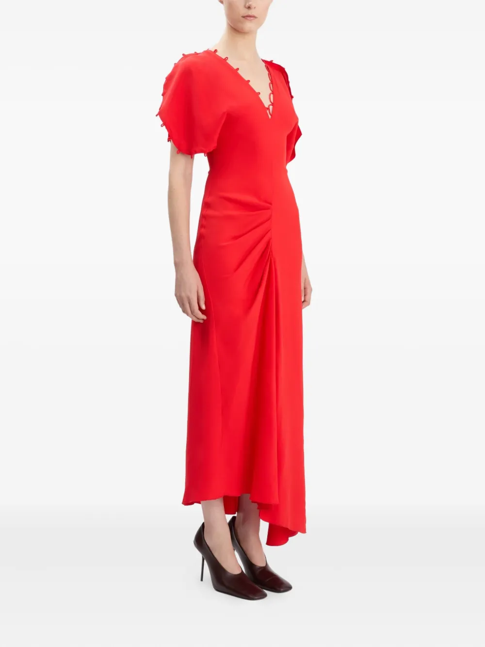 Victoria Beckham Short Sleeve Rouleaux Detail Dress In Red