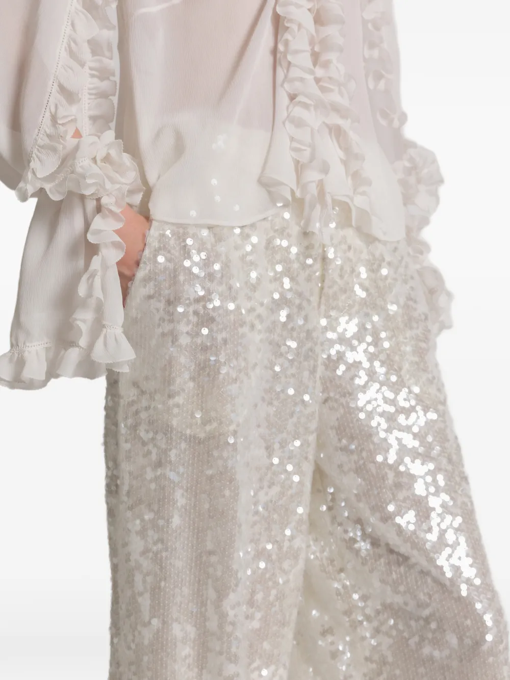 Alberta Ferretti Wide Leg Trousers Sequin Detail Pockets In White