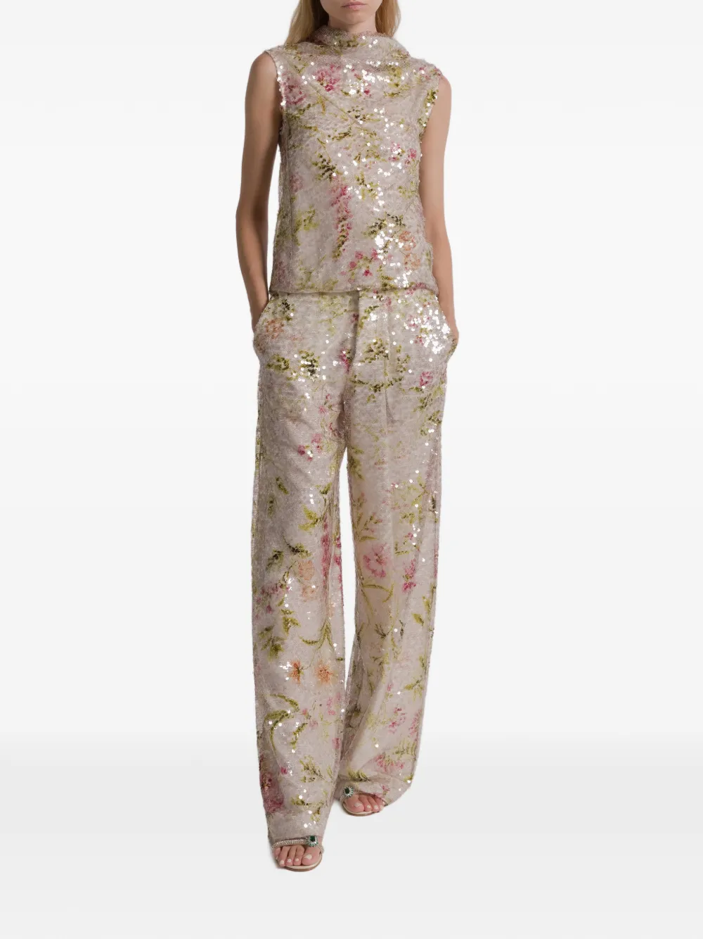  Alberta Ferretti Sequin Floral Tank Top - Neutrals 
