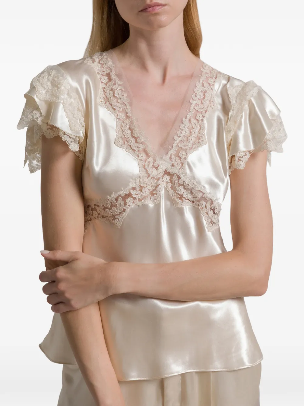 Alberta Ferretti Top met ruches en kant Beige