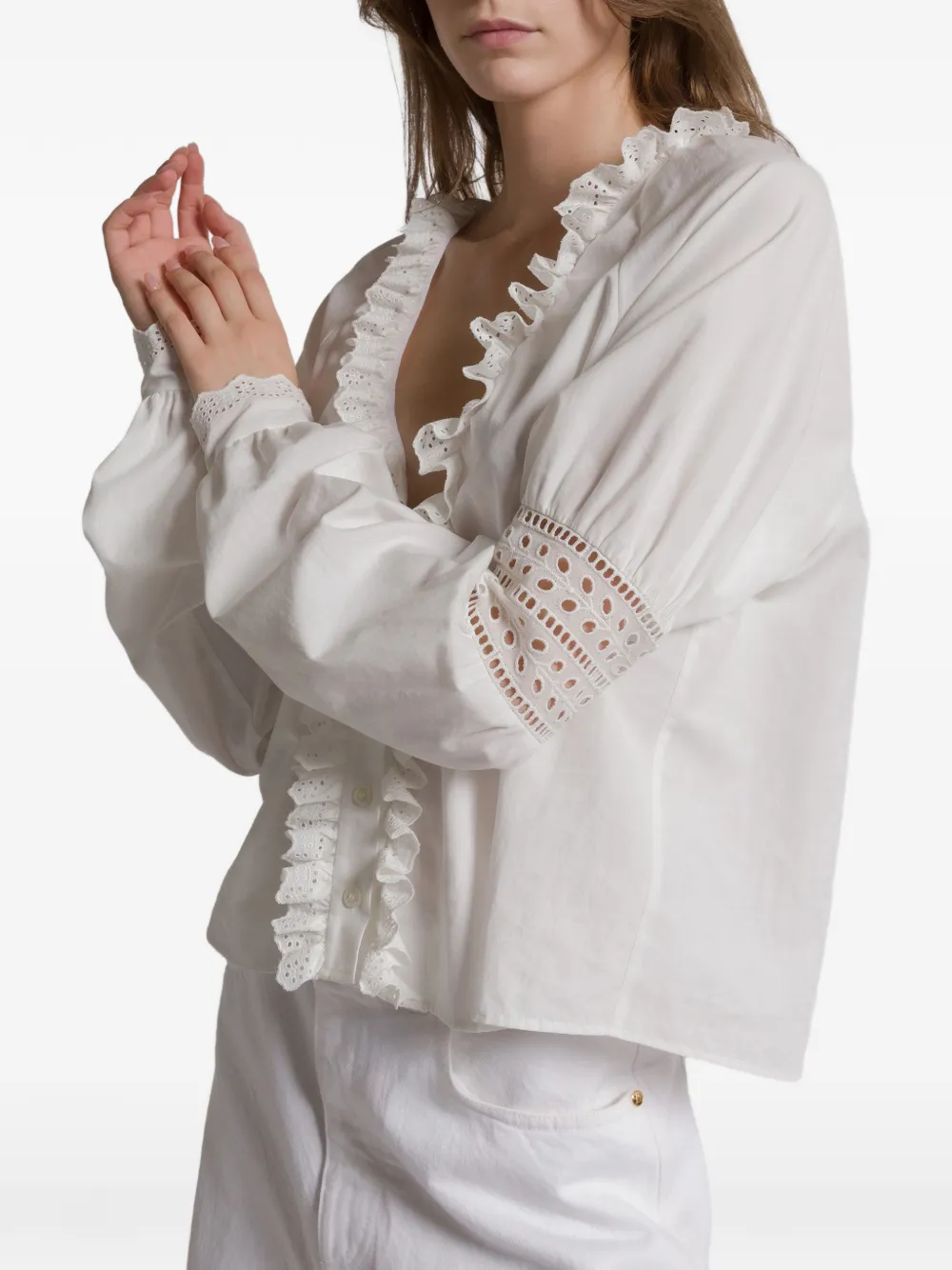 Alberta Ferretti Ruffled V-neck Blouse In White