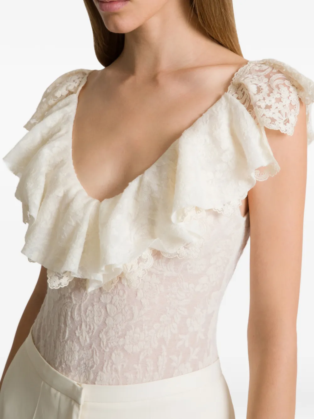 Alberta Ferretti Ruffled-lace V-neck Bodysuit In White