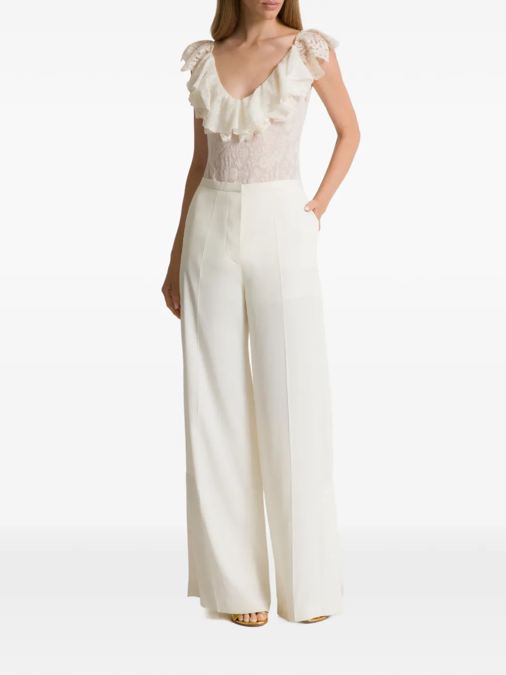 Alberta Ferretti ruffled-lace V-neck bodysuit - Wit