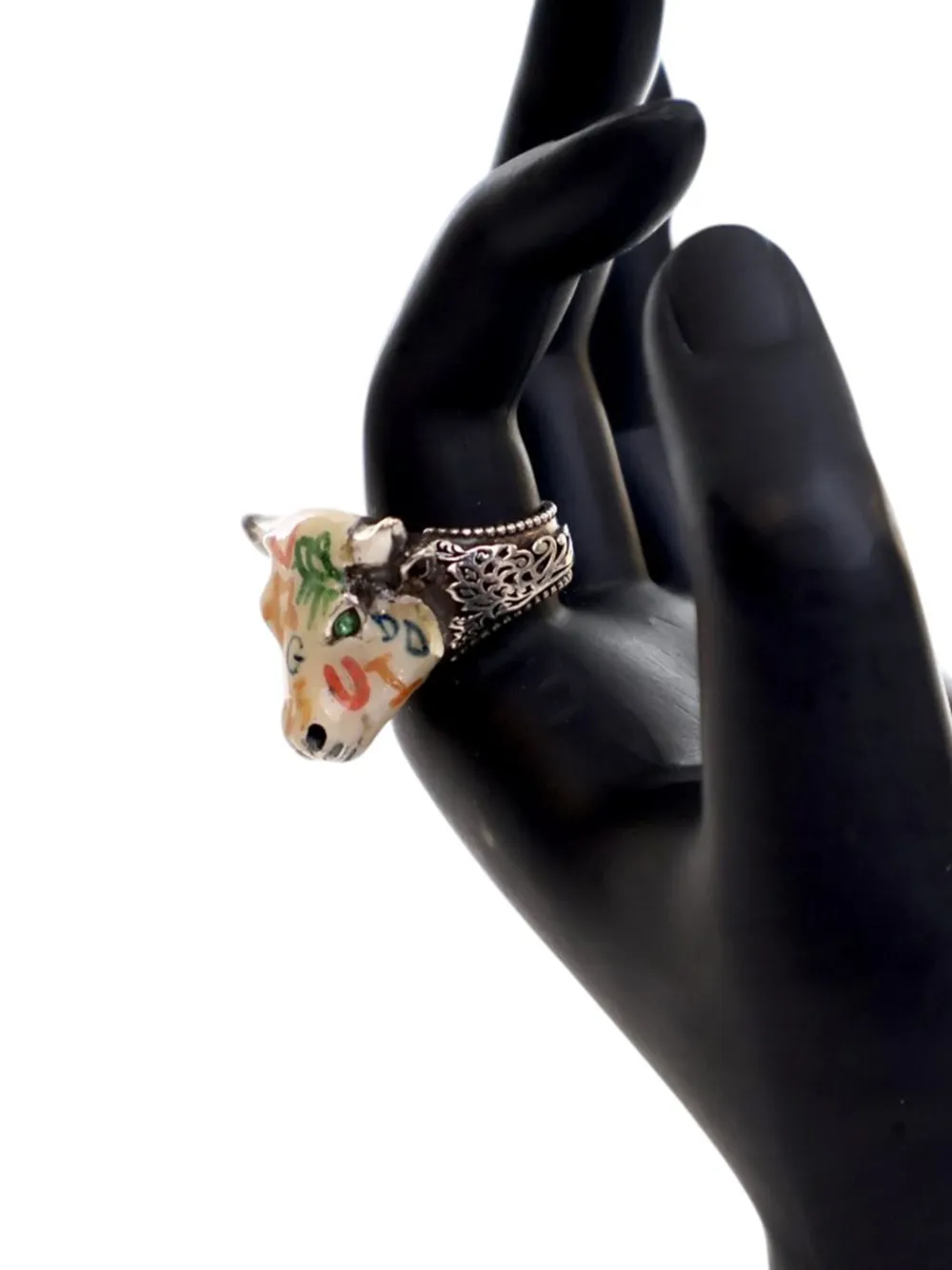 Pre-owned Gucci 2016-2025 Sterling Silver Enamel Anger Forest Bulls Head Ring In White