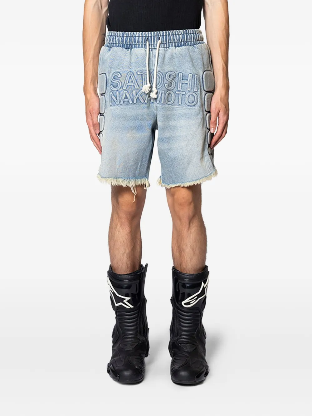 SATOSHI NAKAMOTO frayed logo shorts | Blue | Image 1