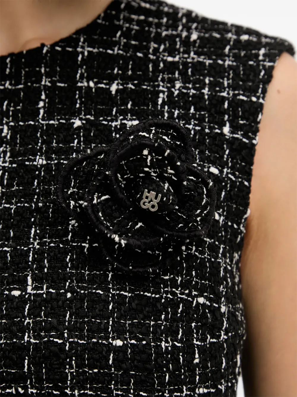 Hugo Boss Flower Appliqué Textured Dress In Black