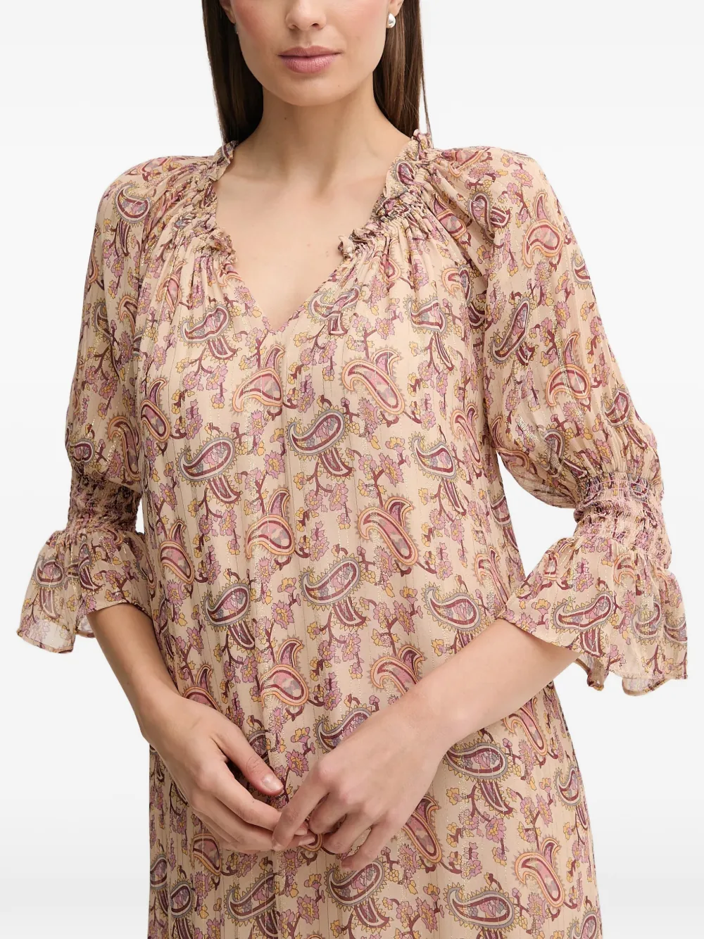 Hoss Intropia Gelaagde maxi-jurk met ruches en paisley Beige