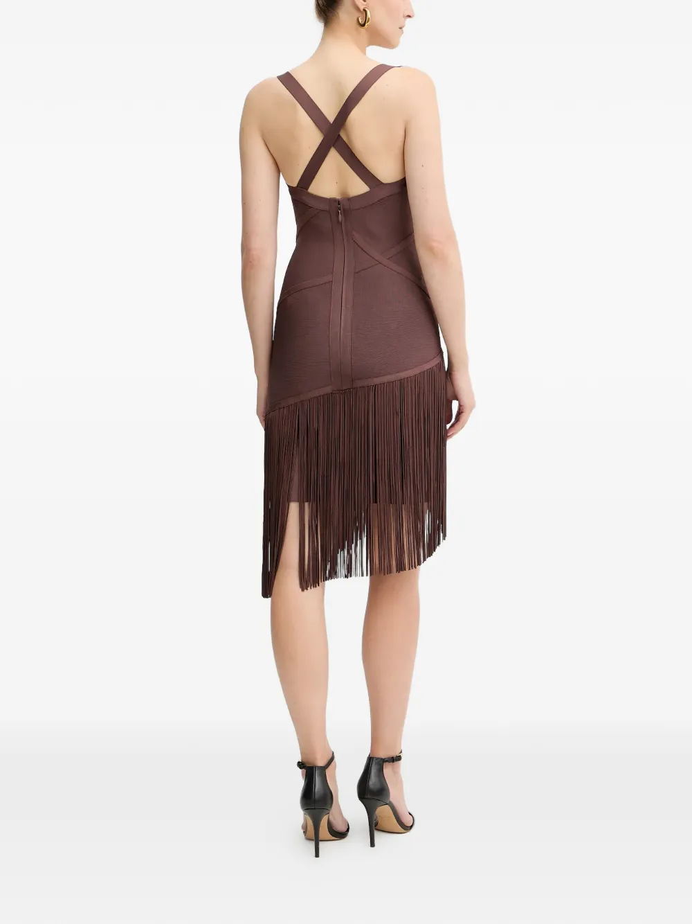  Hervé Léger Fringed Strap ~mini Dress - Brown 